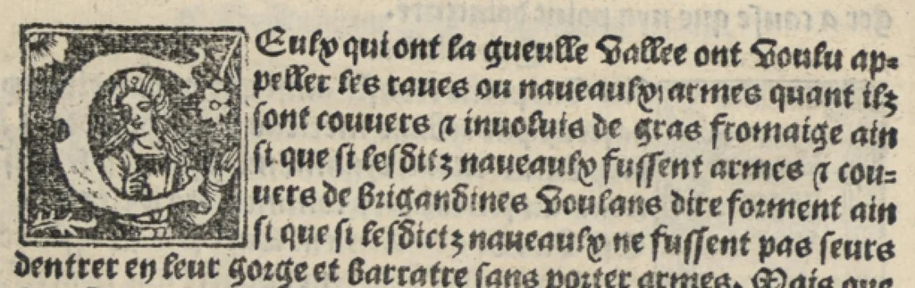 An illustration from Platine en françoys, tres utile et necessaire pour le corps humain, qui traicte de honneste volupte et de toutes viandes et choses que lhomme mange : quelles vertus ont : et en quoy nuysent ou prouffitent au corps humain et comment se doyvent apprester ou appareiller : et de faire a chascune dicelles viandes soit chair ou poisson sa propre sausce : et des proprietez et vertus que ont lesdictes viandes. Et du lieu et place convenable a lhomme pour habiter : et de plusieurs aultres gentillesses parquoy lhomme se peult maintenir en prosperite et sante sans avoir grant indigence davoir aultre medecin sil est homme de raison., 1519, leaf 311