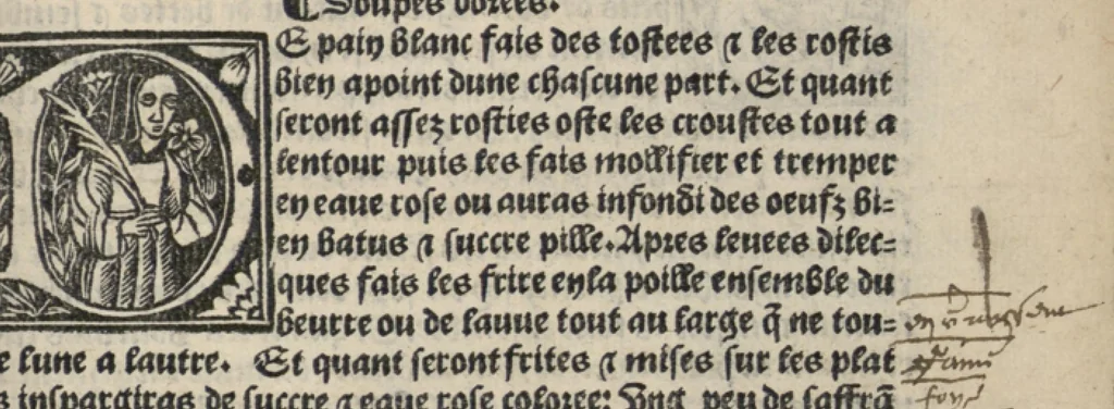 An illustration from Platine en françoys, tres utile et necessaire pour le corps humain, qui traicte de honneste volupte et de toutes viandes et choses que lhomme mange : quelles vertus ont : et en quoy nuysent ou prouffitent au corps humain et comment se doyvent apprester ou appareiller : et de faire a chascune dicelles viandes soit chair ou poisson sa propre sausce : et des proprietez et vertus que ont lesdictes viandes. Et du lieu et place convenable a lhomme pour habiter : et de plusieurs aultres gentillesses parquoy lhomme se peult maintenir en prosperite et sante sans avoir grant indigence davoir aultre medecin sil est homme de raison., 1519, leaf 312