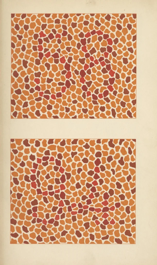 An illustration from Stillings pseudo-isochromatische Tafeln zur Prüfung des Farbensinnes, 1922, leaf 58