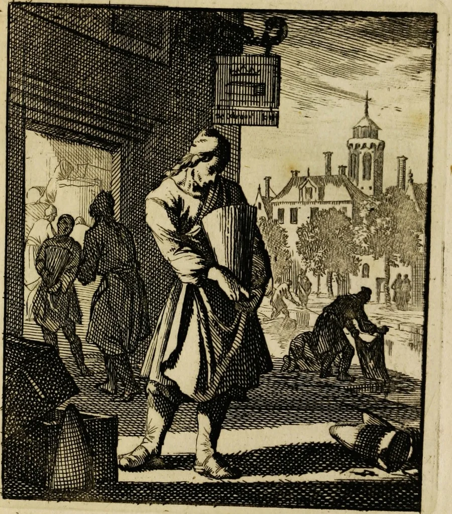An illustration from Spiegel van het menselyk bedryf: vertoonende honderd verscheiden ambachten, konstig afgebeeld en met godlyke spreuken en stichtelyke verzen verryke, 1730, leaf 101