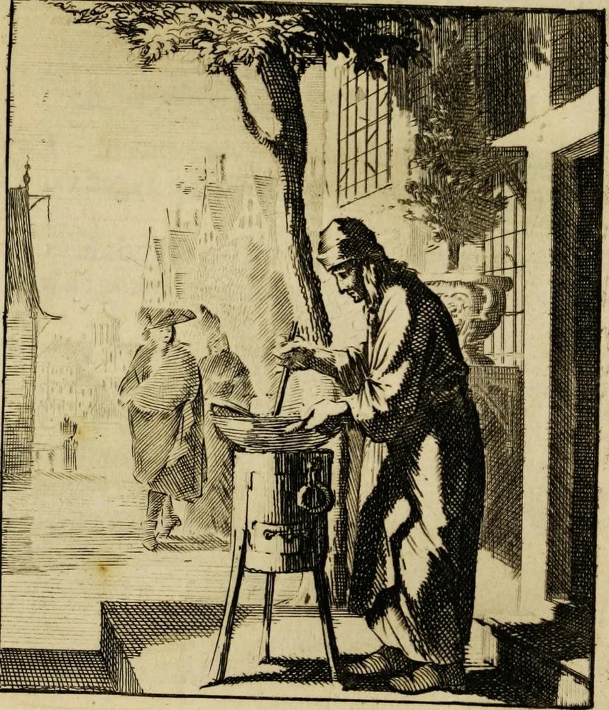 An illustration from Spiegel van het menselyk bedryf: vertoonende honderd verscheiden ambachten, konstig afgebeeld en met godlyke spreuken en stichtelyke verzen verryke, 1730, leaf 103