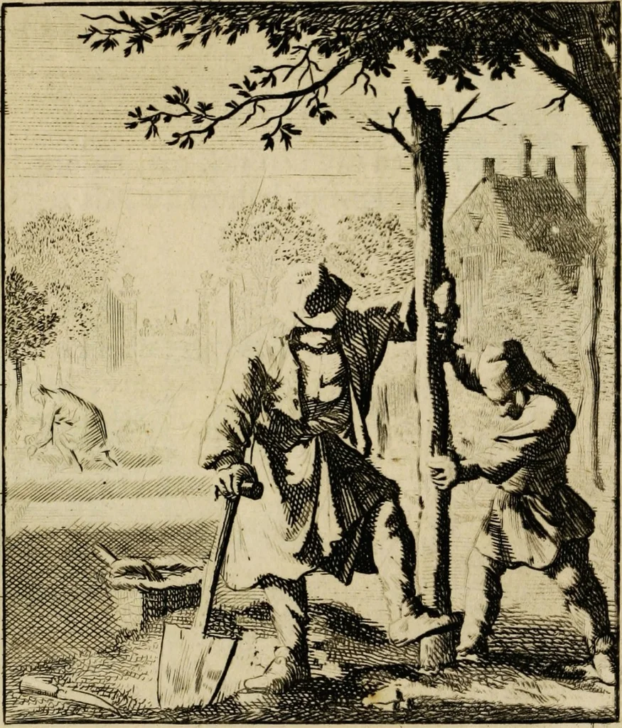 An illustration from Spiegel van het menselyk bedryf: vertoonende honderd verscheiden ambachten, konstig afgebeeld en met godlyke spreuken en stichtelyke verzen verryke, 1730, leaf 105
