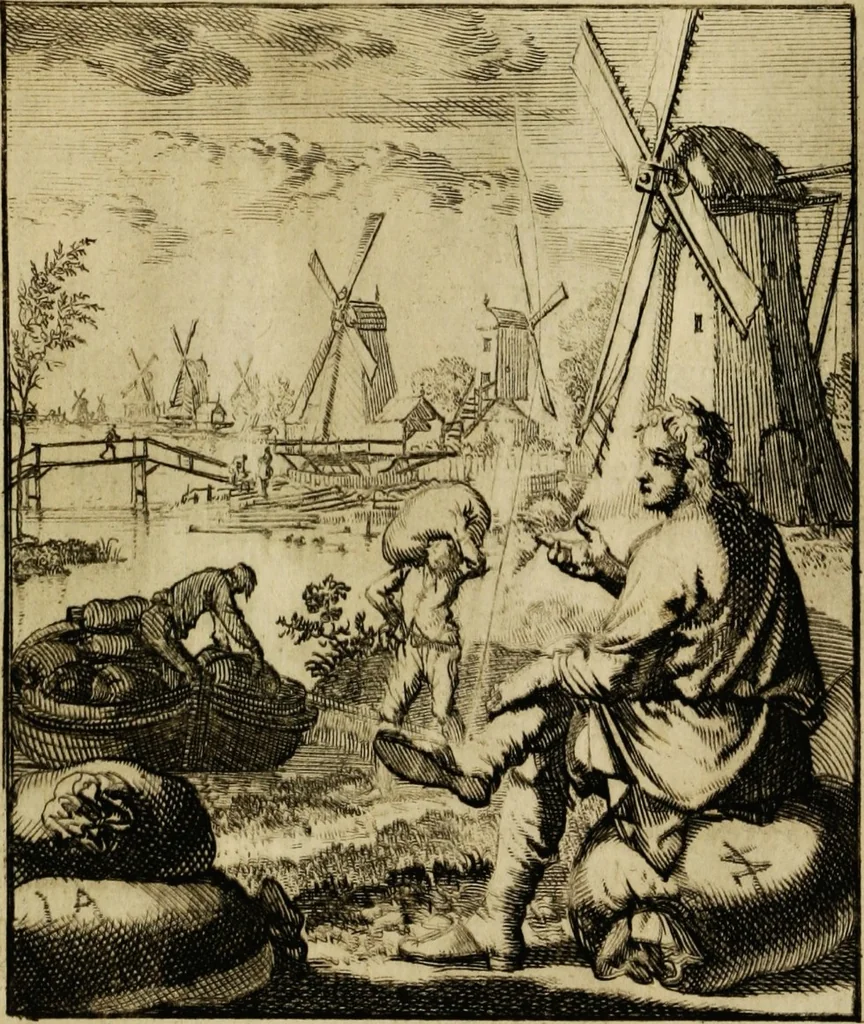 An illustration from Spiegel van het menselyk bedryf: vertoonende honderd verscheiden ambachten, konstig afgebeeld en met godlyke spreuken en stichtelyke verzen verryke, 1730, leaf 107