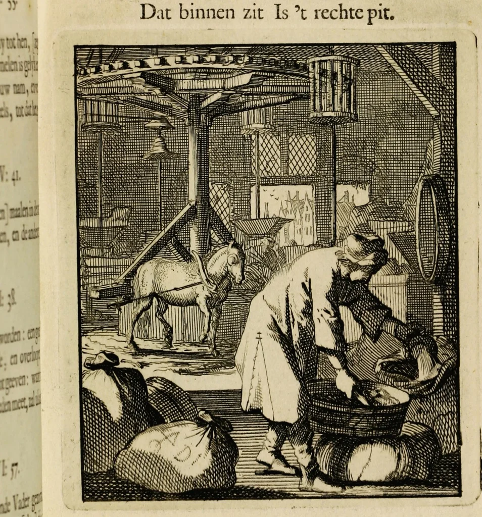 An illustration from Spiegel van het menselyk bedryf: vertoonende honderd verscheiden ambachten, konstig afgebeeld en met godlyke spreuken en stichtelyke verzen verryke, 1730, leaf 111