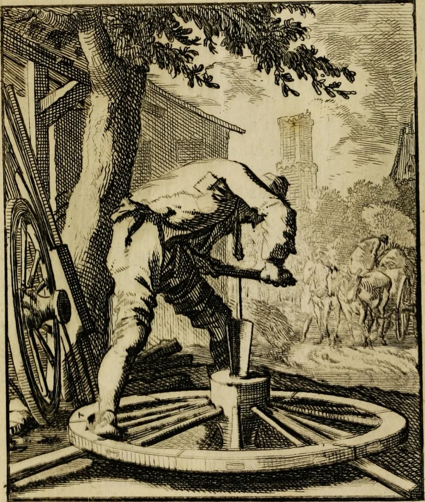 An illustration from Spiegel van het menselyk bedryf: vertoonende honderd verscheiden ambachten, konstig afgebeeld en met godlyke spreuken en stichtelyke verzen verryke, 1730, leaf 113