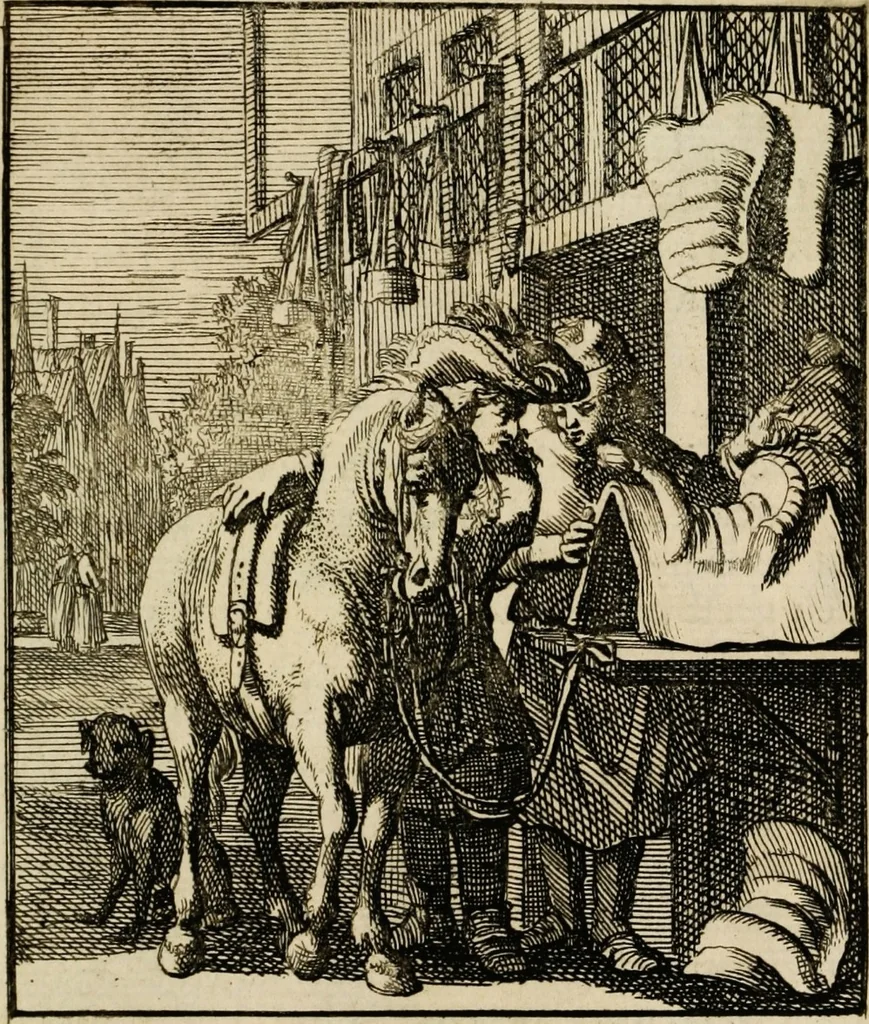 An illustration from Spiegel van het menselyk bedryf: vertoonende honderd verscheiden ambachten, konstig afgebeeld en met godlyke spreuken en stichtelyke verzen verryke, 1730, leaf 115