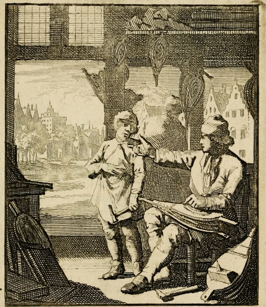 An illustration from Spiegel van het menselyk bedryf: vertoonende honderd verscheiden ambachten, konstig afgebeeld en met godlyke spreuken en stichtelyke verzen verryke, 1730, leaf 117
