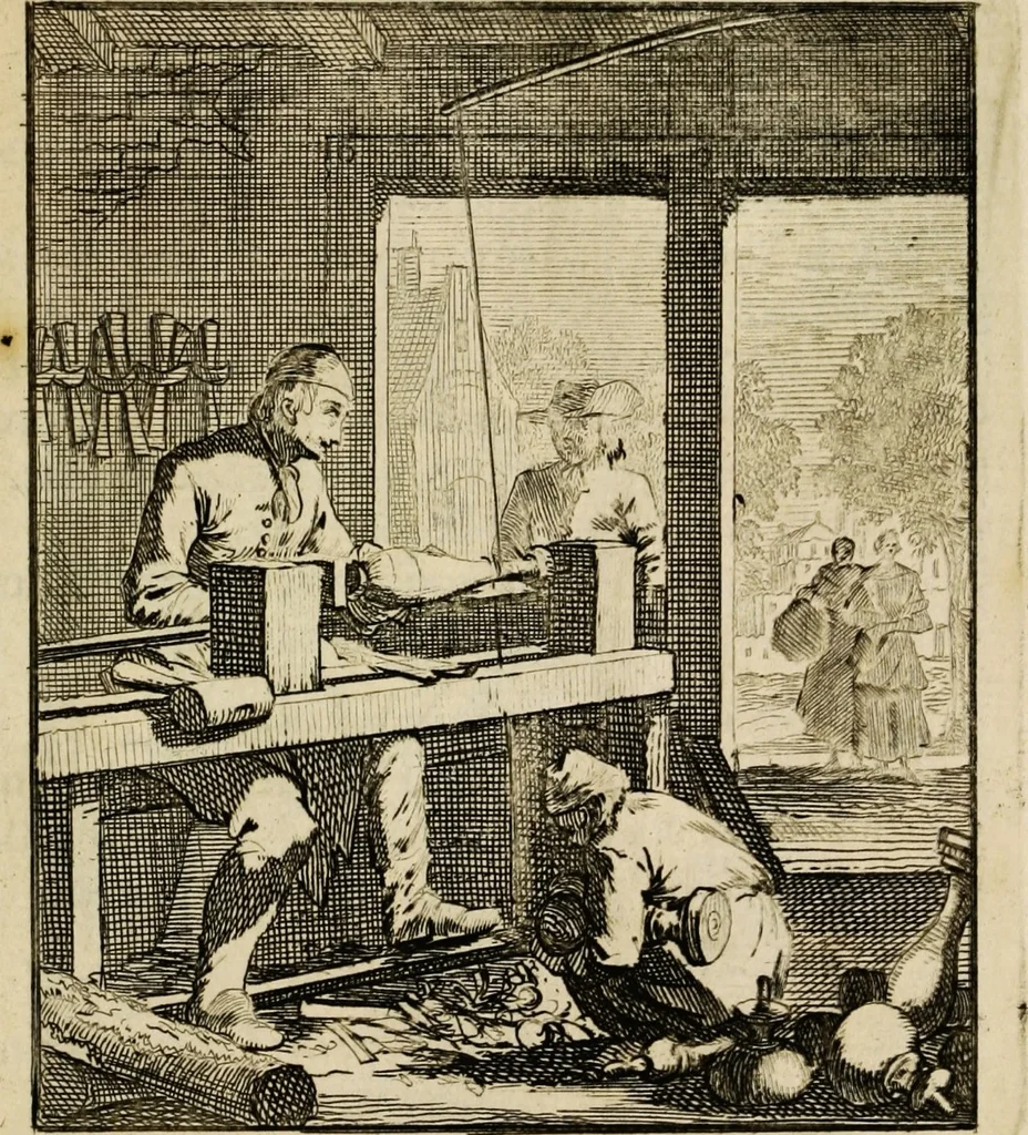 An illustration from Spiegel van het menselyk bedryf: vertoonende honderd verscheiden ambachten, konstig afgebeeld en met godlyke spreuken en stichtelyke verzen verryke, 1730, leaf 119