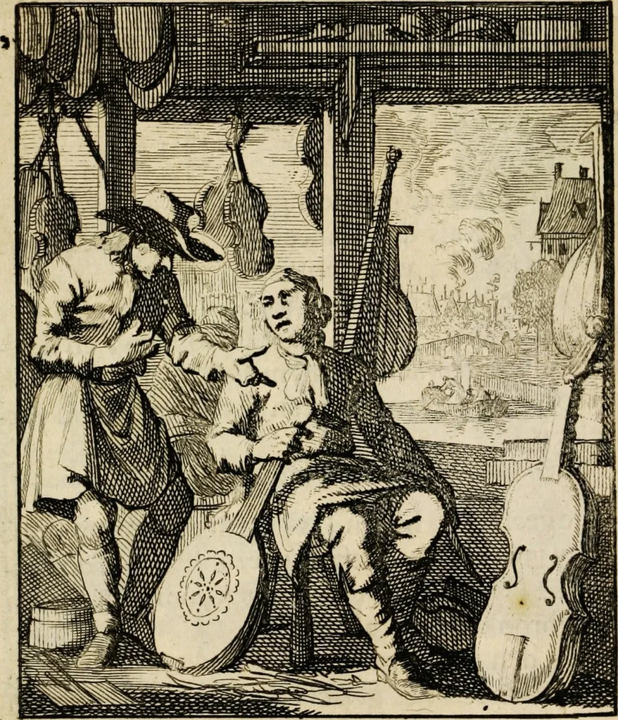 An illustration from Spiegel van het menselyk bedryf: vertoonende honderd verscheiden ambachten, konstig afgebeeld en met godlyke spreuken en stichtelyke verzen verryke, 1730, leaf 121