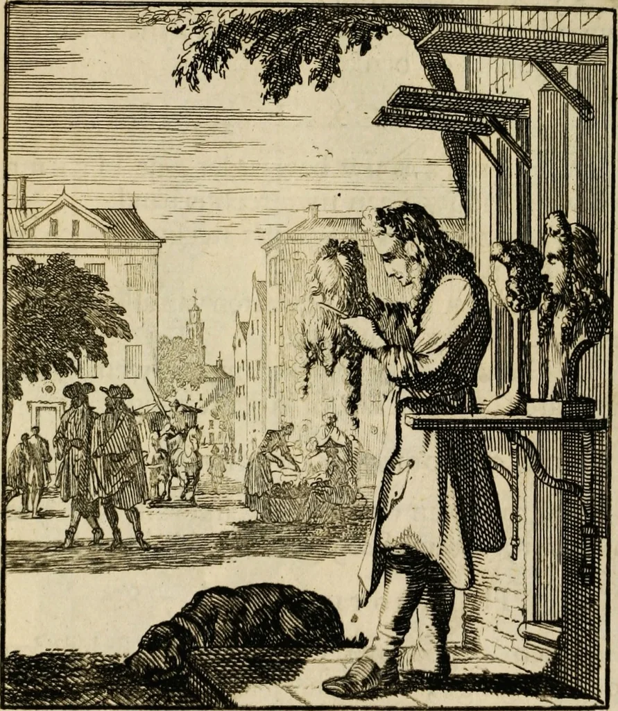 An illustration from Spiegel van het menselyk bedryf: vertoonende honderd verscheiden ambachten, konstig afgebeeld en met godlyke spreuken en stichtelyke verzen verryke, 1730, leaf 125