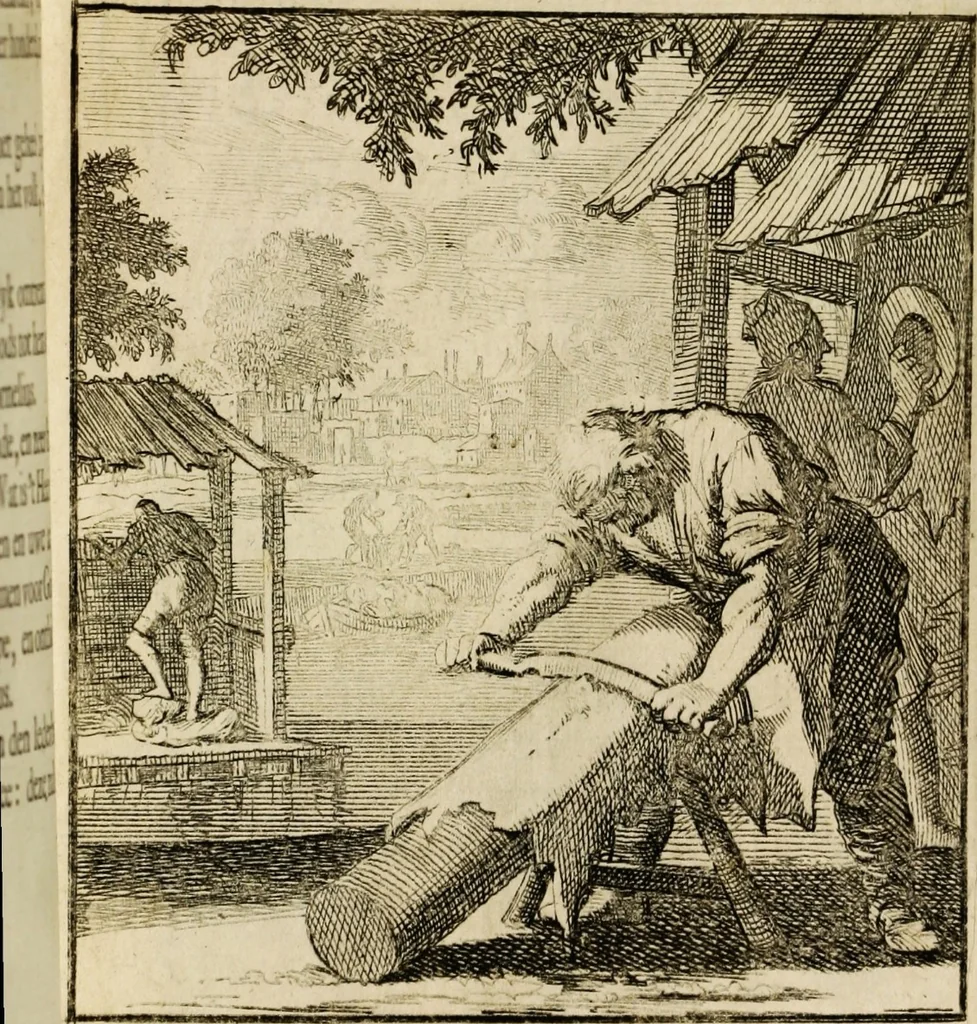 An illustration from Spiegel van het menselyk bedryf: vertoonende honderd verscheiden ambachten, konstig afgebeeld en met godlyke spreuken en stichtelyke verzen verryke, 1730, leaf 129