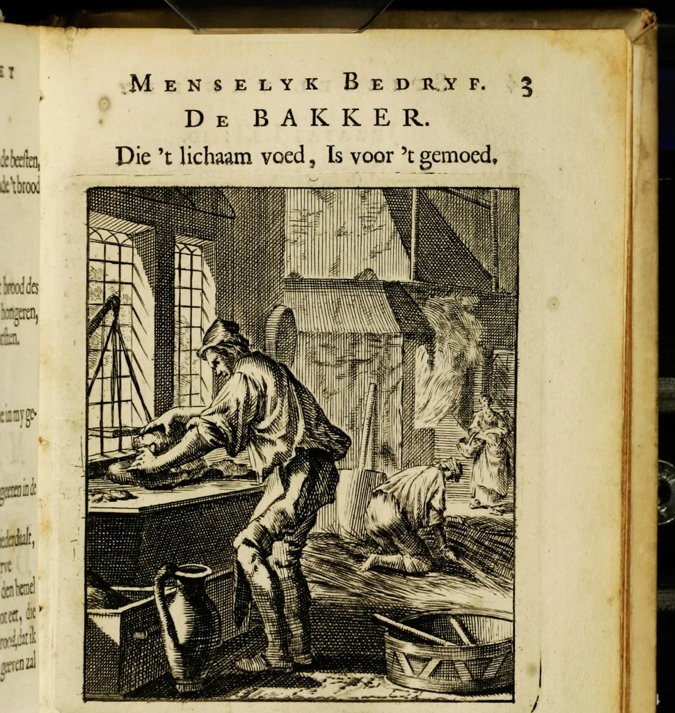 An illustration from Spiegel van het menselyk bedryf: vertoonende honderd verscheiden ambachten, konstig afgebeeld en met godlyke spreuken en stichtelyke verzen verryke, 1730, leaf 13