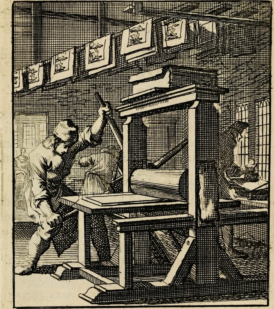 An illustration from Spiegel van het menselyk bedryf: vertoonende honderd verscheiden ambachten, konstig afgebeeld en met godlyke spreuken en stichtelyke verzen verryke, 1730, leaf 135