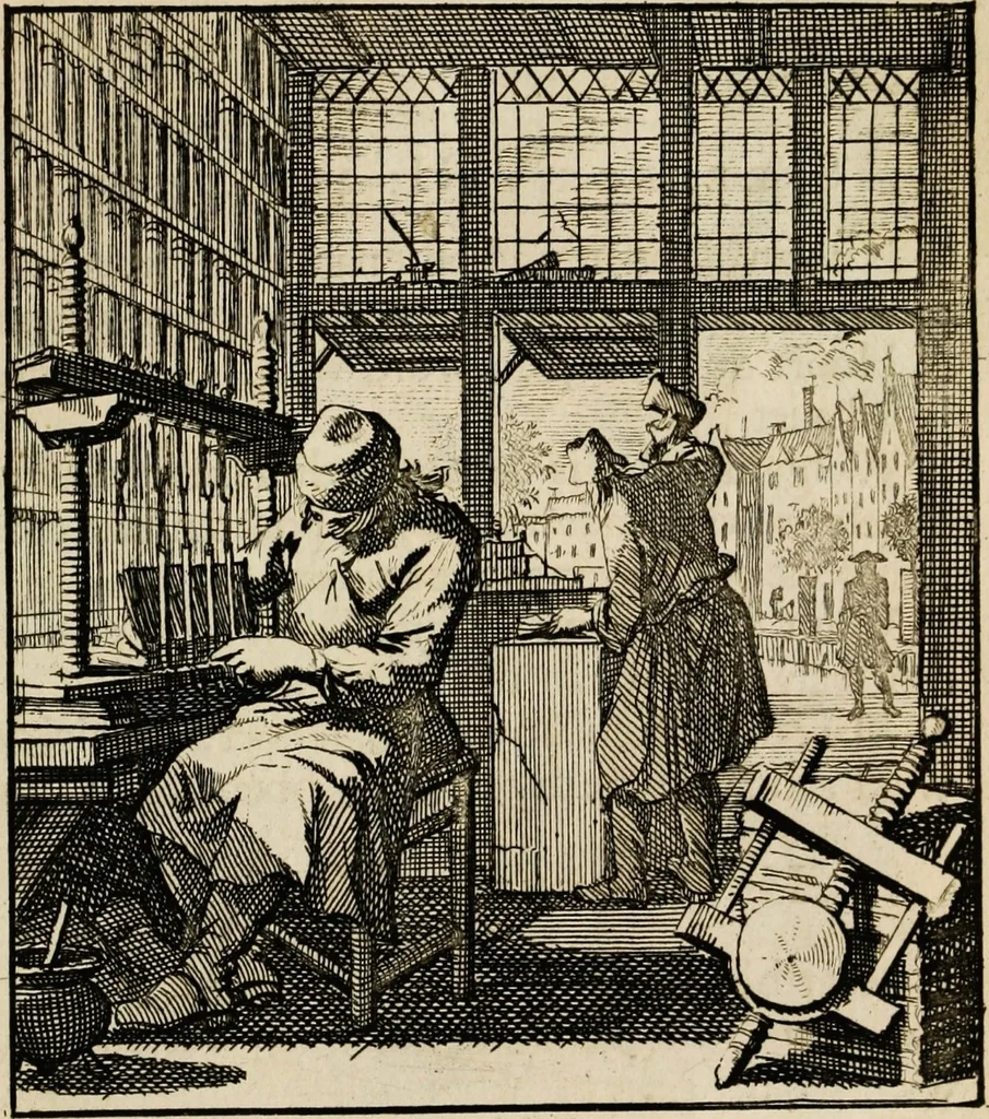 An illustration from Spiegel van het menselyk bedryf: vertoonende honderd verscheiden ambachten, konstig afgebeeld en met godlyke spreuken en stichtelyke verzen verryke, 1730, leaf 137