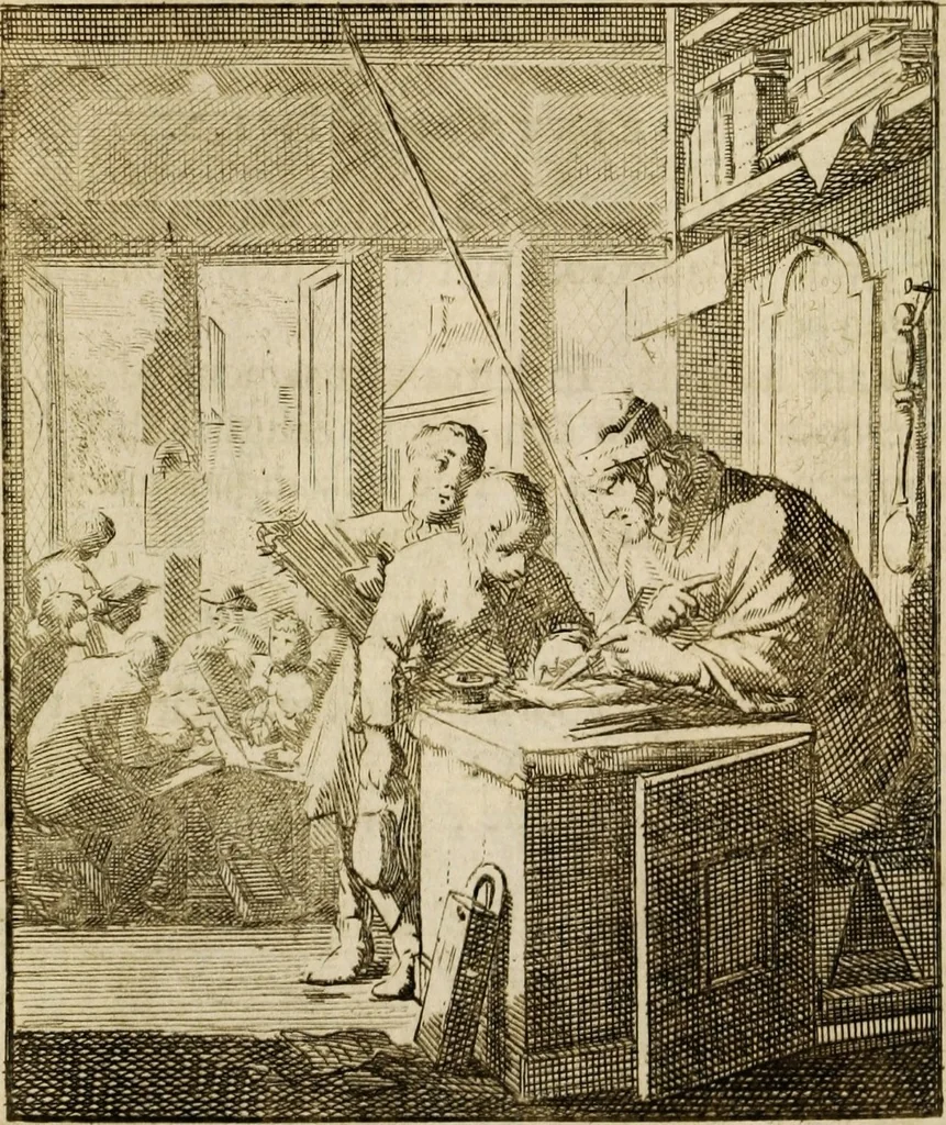 An illustration from Spiegel van het menselyk bedryf: vertoonende honderd verscheiden ambachten, konstig afgebeeld en met godlyke spreuken en stichtelyke verzen verryke, 1730, leaf 139