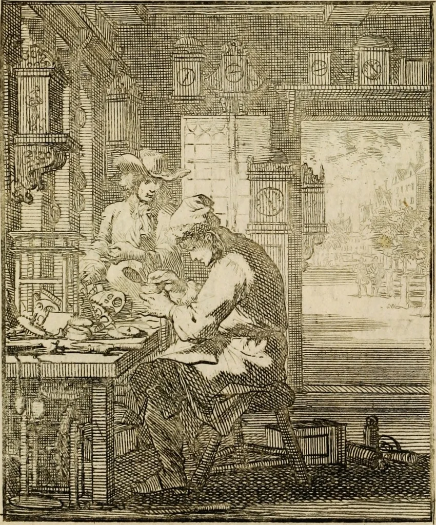 An illustration from Spiegel van het menselyk bedryf: vertoonende honderd verscheiden ambachten, konstig afgebeeld en met godlyke spreuken en stichtelyke verzen verryke, 1730, leaf 141
