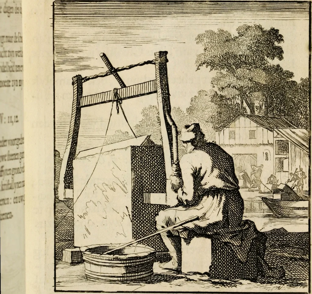An illustration from Spiegel van het menselyk bedryf: vertoonende honderd verscheiden ambachten, konstig afgebeeld en met godlyke spreuken en stichtelyke verzen verryke, 1730, leaf 149