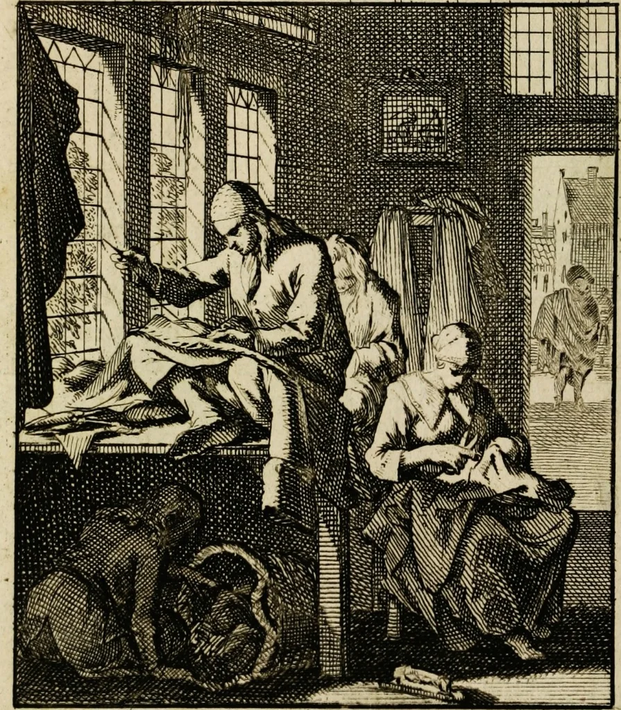 An illustration from Spiegel van het menselyk bedryf: vertoonende honderd verscheiden ambachten, konstig afgebeeld en met godlyke spreuken en stichtelyke verzen verryke, 1730, leaf 15