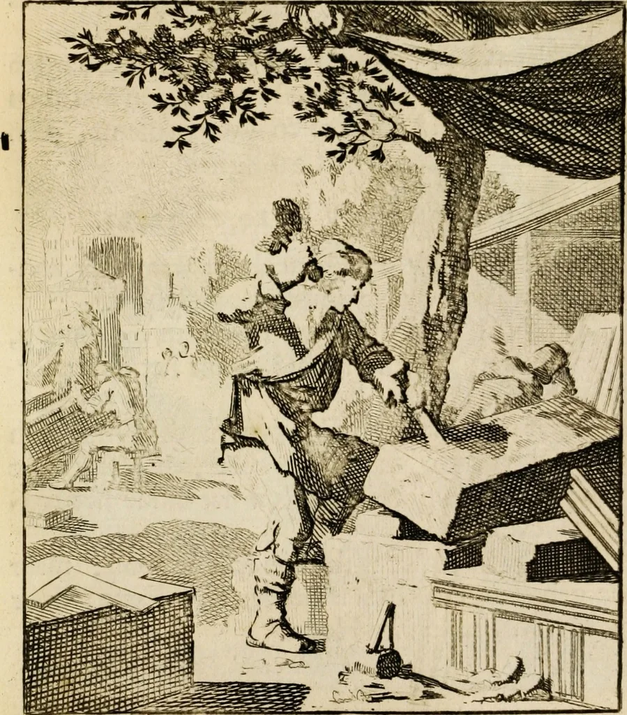 An illustration from Spiegel van het menselyk bedryf: vertoonende honderd verscheiden ambachten, konstig afgebeeld en met godlyke spreuken en stichtelyke verzen verryke, 1730, leaf 151