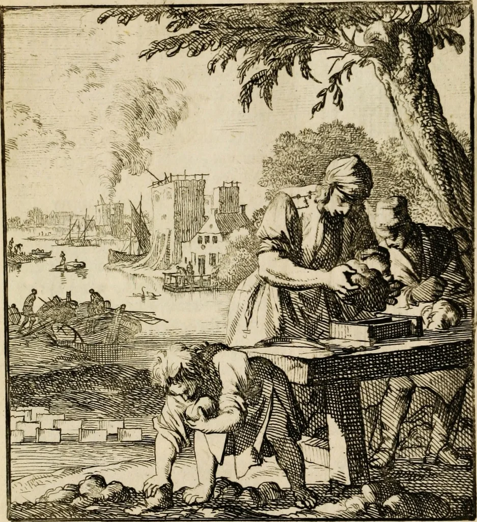 An illustration from Spiegel van het menselyk bedryf: vertoonende honderd verscheiden ambachten, konstig afgebeeld en met godlyke spreuken en stichtelyke verzen verryke, 1730, leaf 153