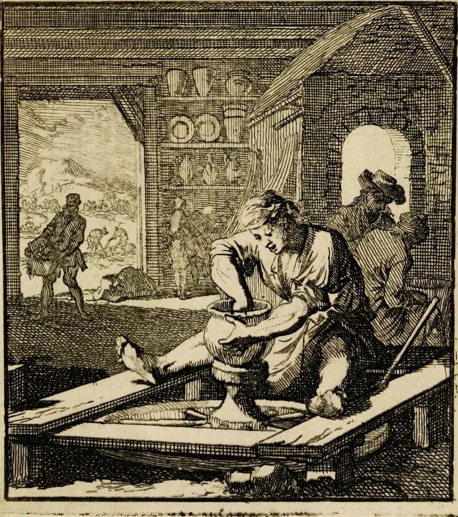An illustration from Spiegel van het menselyk bedryf: vertoonende honderd verscheiden ambachten, konstig afgebeeld en met godlyke spreuken en stichtelyke verzen verryke, 1730, leaf 155