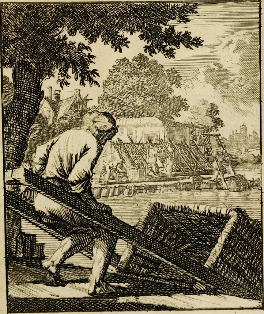 An illustration from Spiegel van het menselyk bedryf: vertoonende honderd verscheiden ambachten, konstig afgebeeld en met godlyke spreuken en stichtelyke verzen verryke, 1730, leaf 157