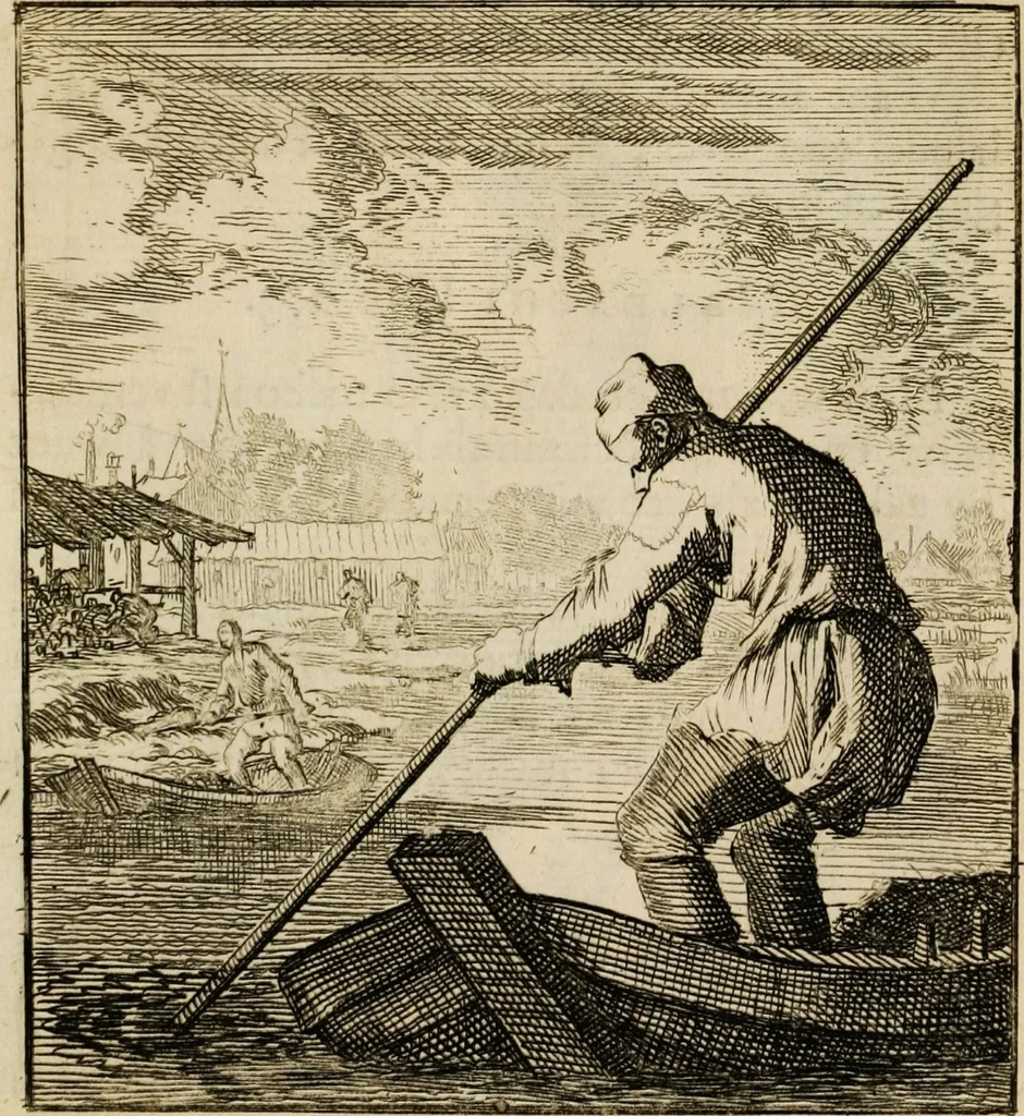 An illustration from Spiegel van het menselyk bedryf: vertoonende honderd verscheiden ambachten, konstig afgebeeld en met godlyke spreuken en stichtelyke verzen verryke, 1730, leaf 159