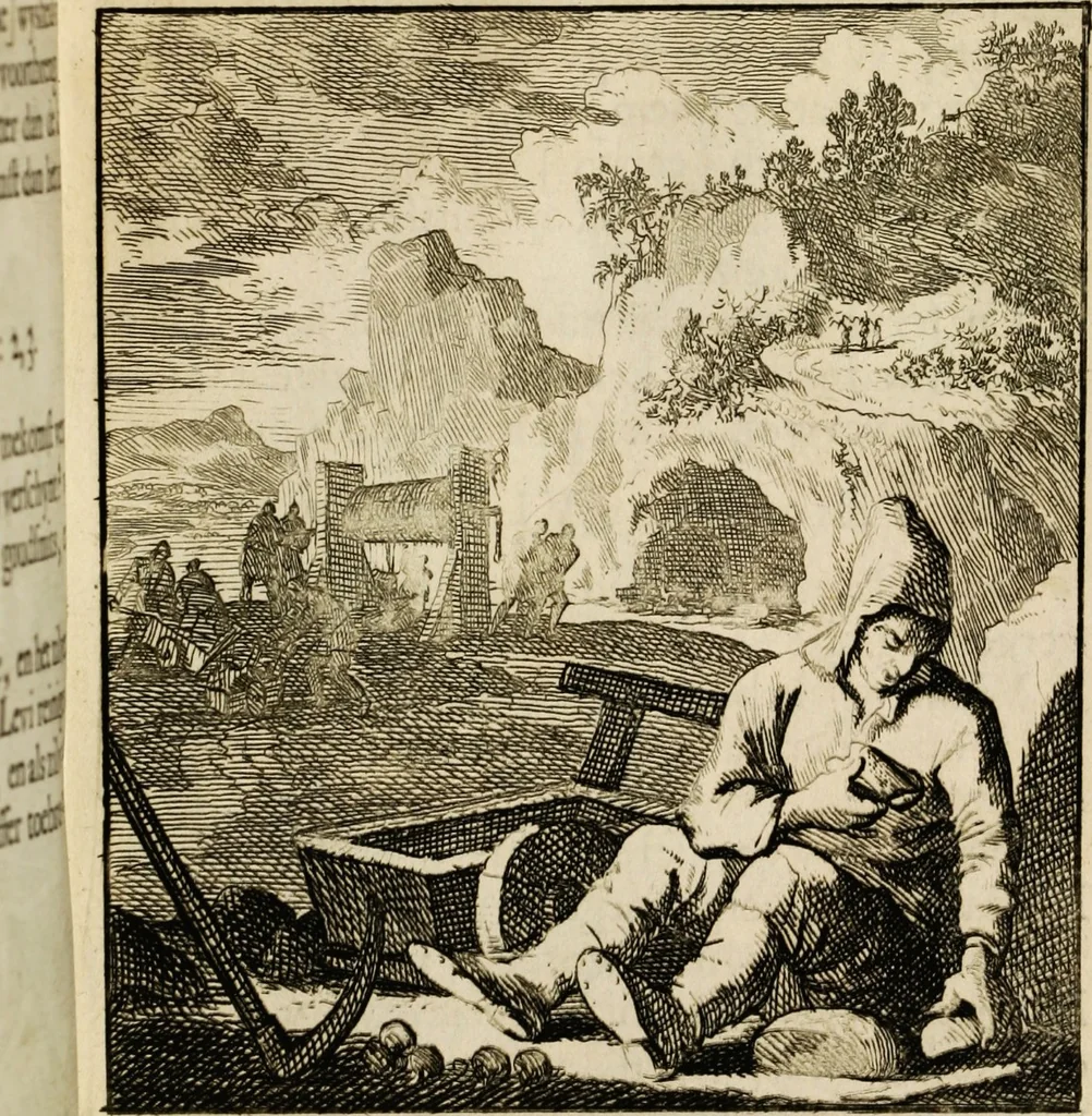 An illustration from Spiegel van het menselyk bedryf: vertoonende honderd verscheiden ambachten, konstig afgebeeld en met godlyke spreuken en stichtelyke verzen verryke, 1730, leaf 161