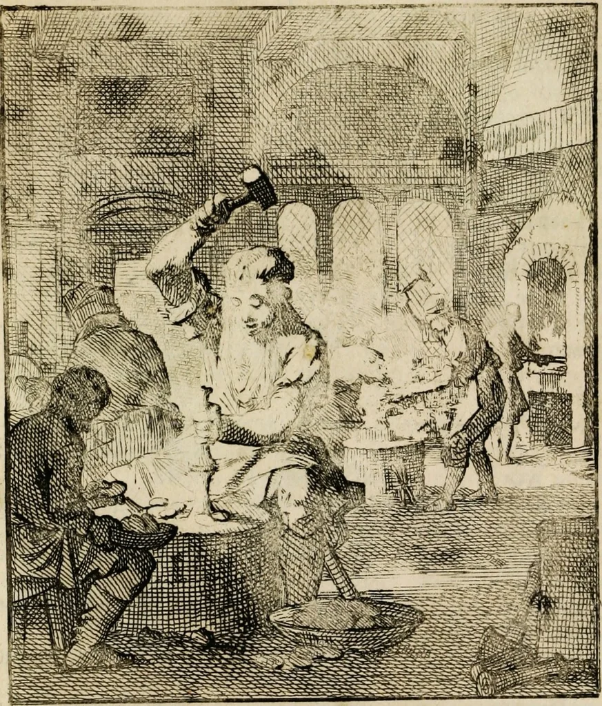 An illustration from Spiegel van het menselyk bedryf: vertoonende honderd verscheiden ambachten, konstig afgebeeld en met godlyke spreuken en stichtelyke verzen verryke, 1730, leaf 163