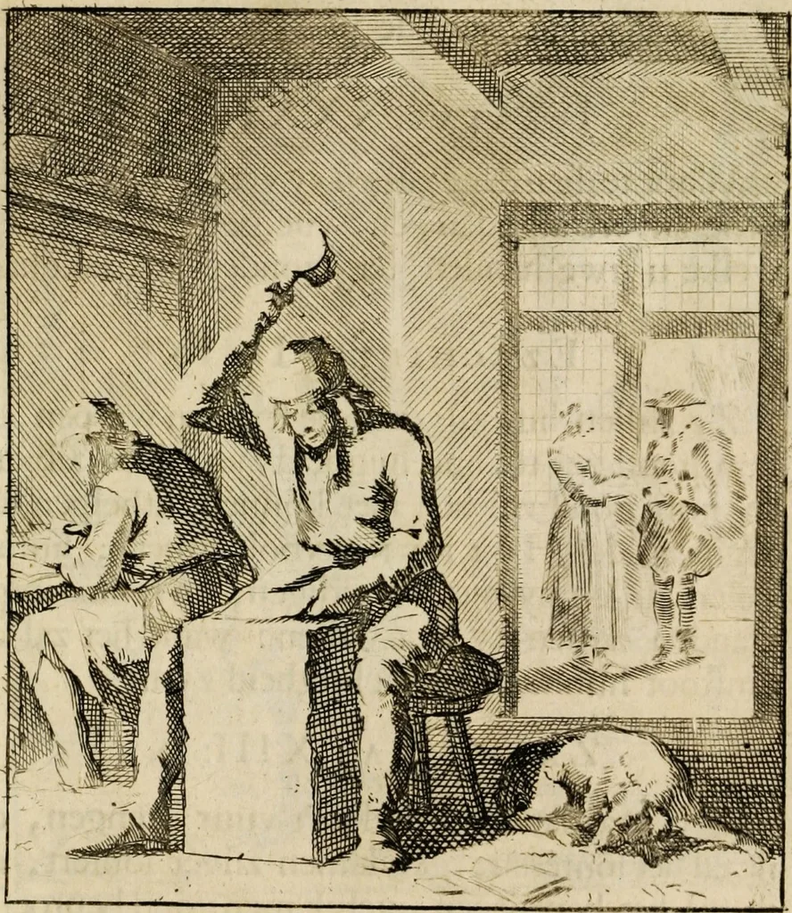 An illustration from Spiegel van het menselyk bedryf: vertoonende honderd verscheiden ambachten, konstig afgebeeld en met godlyke spreuken en stichtelyke verzen verryke, 1730, leaf 165