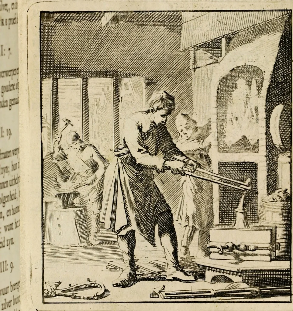 An illustration from Spiegel van het menselyk bedryf: vertoonende honderd verscheiden ambachten, konstig afgebeeld en met godlyke spreuken en stichtelyke verzen verryke, 1730, leaf 167