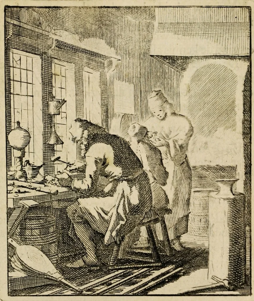 An illustration from Spiegel van het menselyk bedryf: vertoonende honderd verscheiden ambachten, konstig afgebeeld en met godlyke spreuken en stichtelyke verzen verryke, 1730, leaf 169