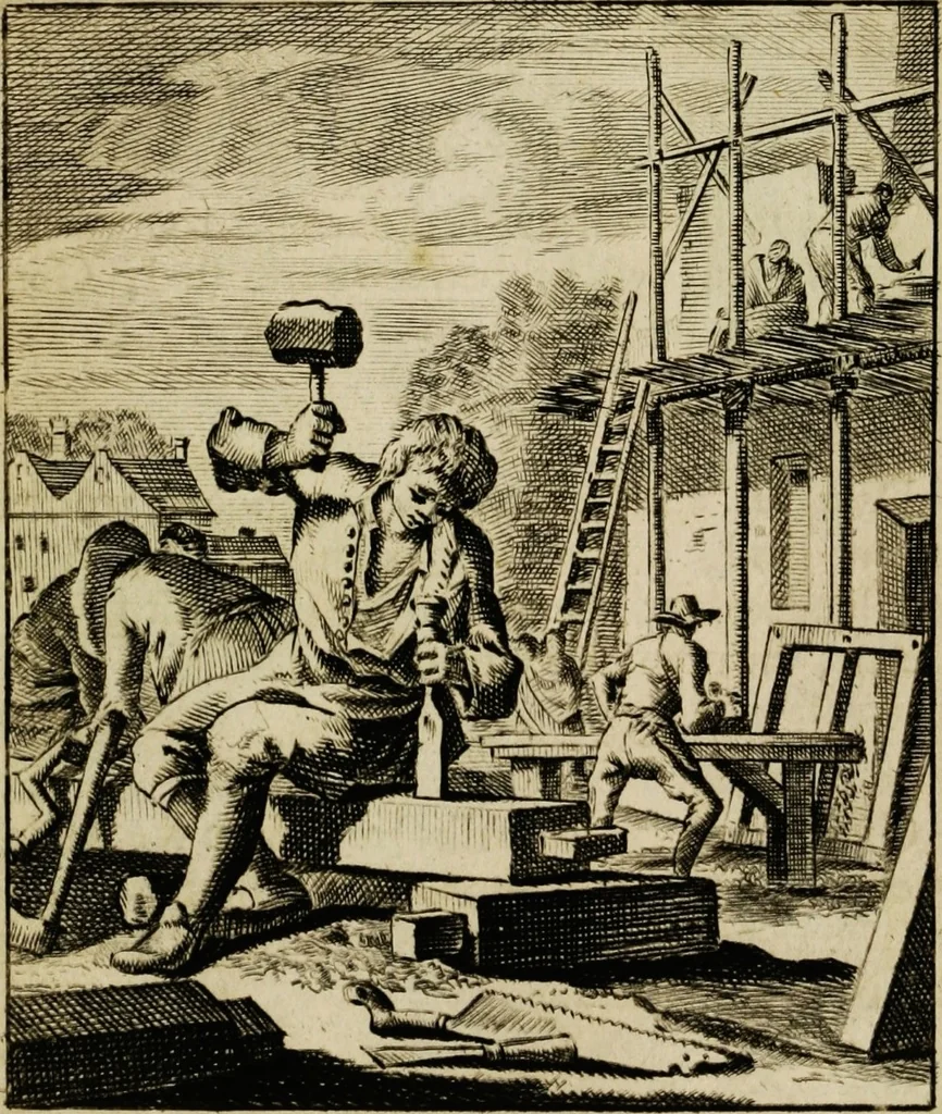 An illustration from Spiegel van het menselyk bedryf: vertoonende honderd verscheiden ambachten, konstig afgebeeld en met godlyke spreuken en stichtelyke verzen verryke, 1730, leaf 17