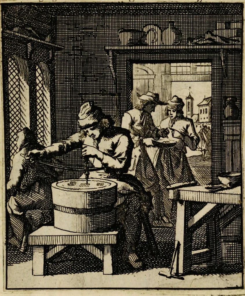An illustration from Spiegel van het menselyk bedryf: vertoonende honderd verscheiden ambachten, konstig afgebeeld en met godlyke spreuken en stichtelyke verzen verryke, 1730, leaf 173