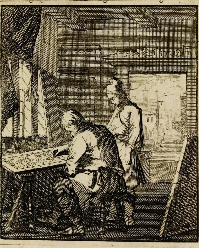An illustration from Spiegel van het menselyk bedryf: vertoonende honderd verscheiden ambachten, konstig afgebeeld en met godlyke spreuken en stichtelyke verzen verryke, 1730, leaf 175