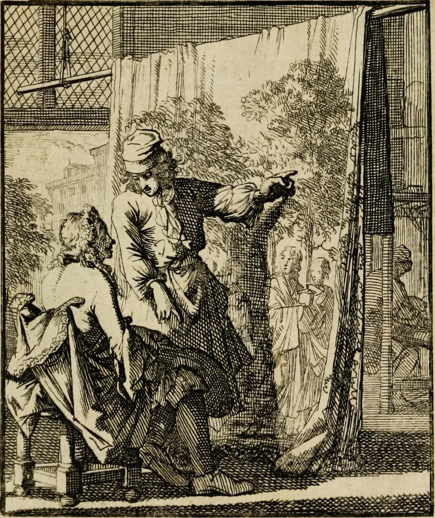 An illustration from Spiegel van het menselyk bedryf: vertoonende honderd verscheiden ambachten, konstig afgebeeld en met godlyke spreuken en stichtelyke verzen verryke, 1730, leaf 177