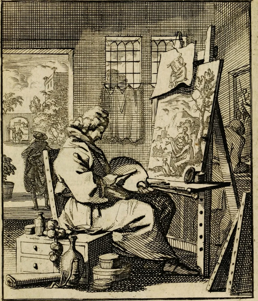An illustration from Spiegel van het menselyk bedryf: vertoonende honderd verscheiden ambachten, konstig afgebeeld en met godlyke spreuken en stichtelyke verzen verryke, 1730, leaf 179