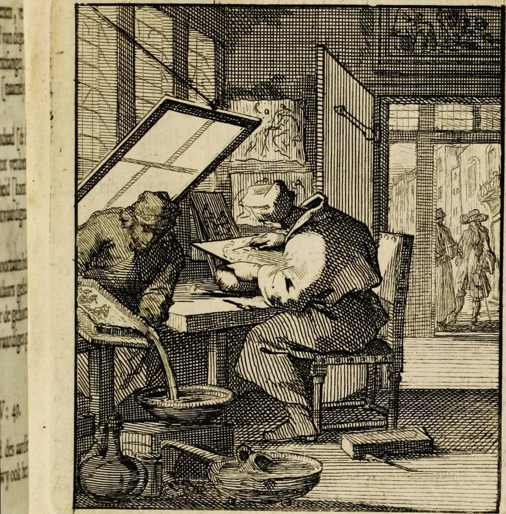 An illustration from Spiegel van het menselyk bedryf: vertoonende honderd verscheiden ambachten, konstig afgebeeld en met godlyke spreuken en stichtelyke verzen verryke, 1730, leaf 181