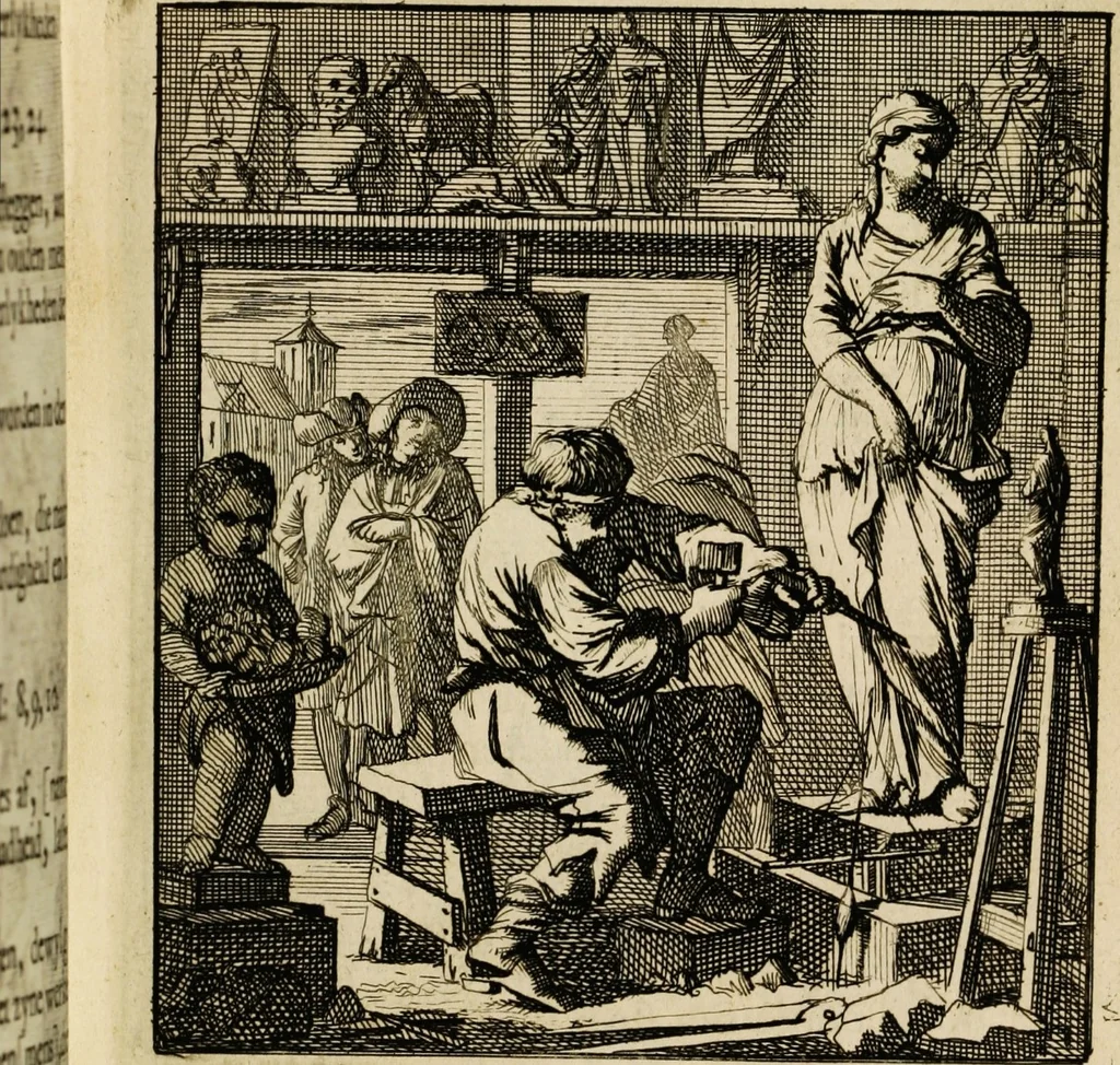 An illustration from Spiegel van het menselyk bedryf: vertoonende honderd verscheiden ambachten, konstig afgebeeld en met godlyke spreuken en stichtelyke verzen verryke, 1730, leaf 183