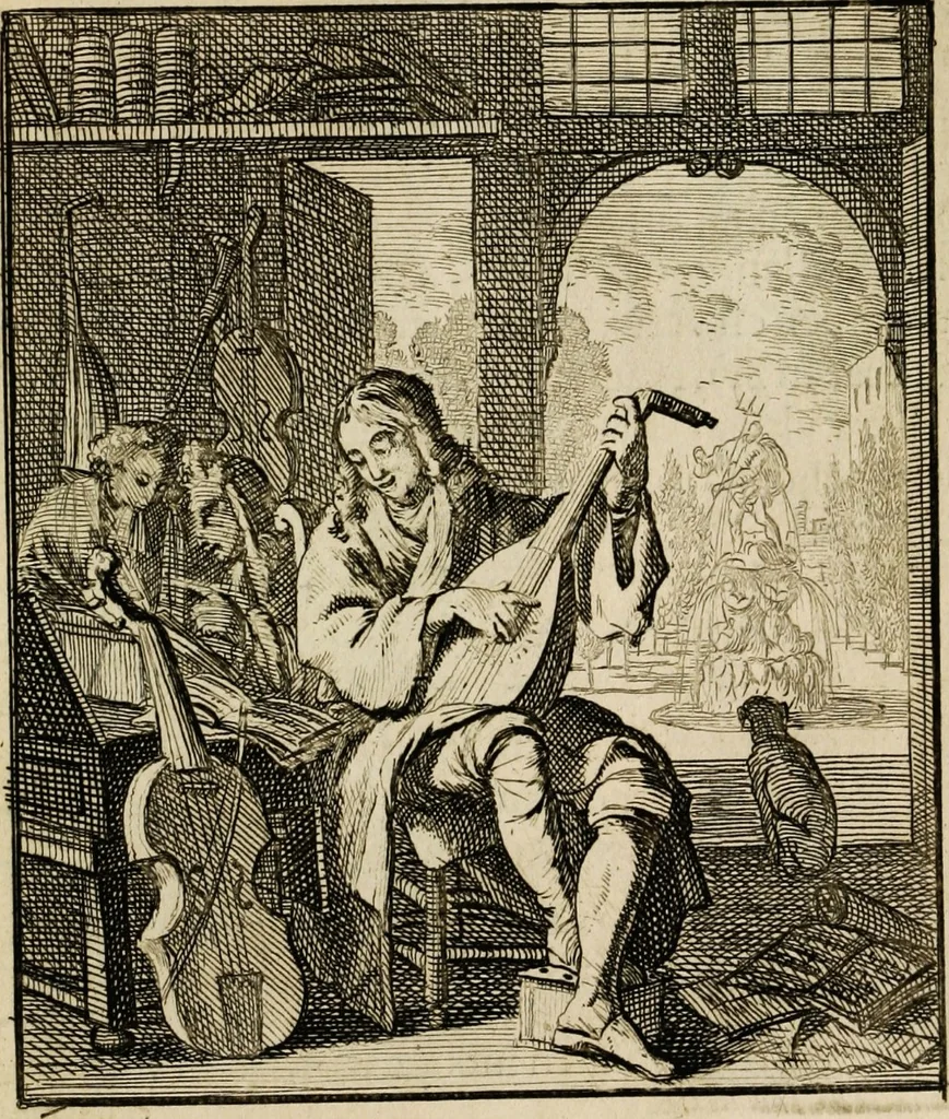 An illustration from Spiegel van het menselyk bedryf: vertoonende honderd verscheiden ambachten, konstig afgebeeld en met godlyke spreuken en stichtelyke verzen verryke, 1730, leaf 185