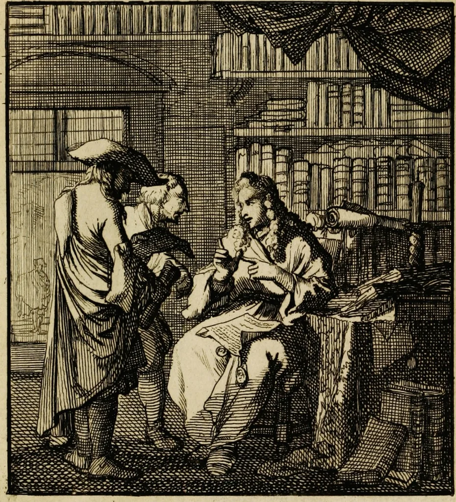 An illustration from Spiegel van het menselyk bedryf: vertoonende honderd verscheiden ambachten, konstig afgebeeld en met godlyke spreuken en stichtelyke verzen verryke, 1730, leaf 189