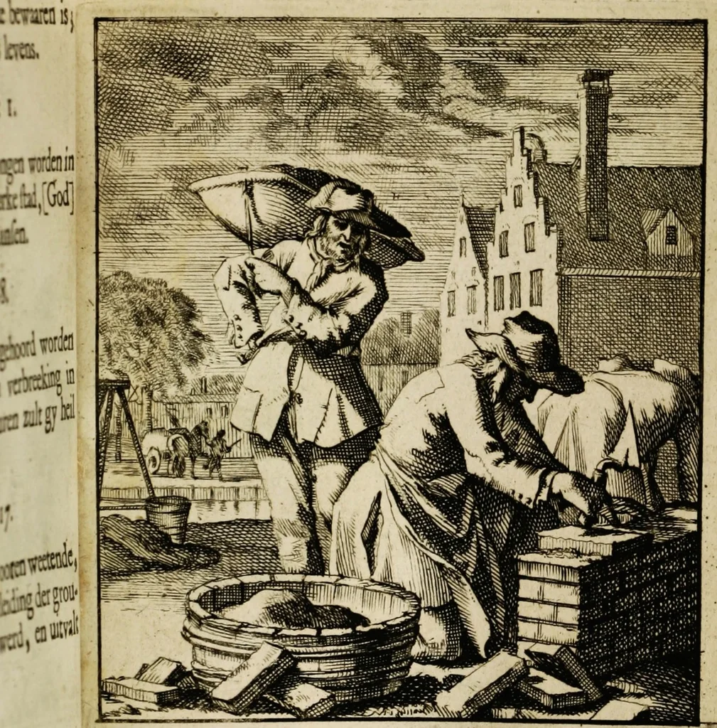 An illustration from Spiegel van het menselyk bedryf: vertoonende honderd verscheiden ambachten, konstig afgebeeld en met godlyke spreuken en stichtelyke verzen verryke, 1730, leaf 19