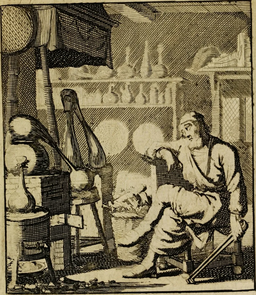 An illustration from Spiegel van het menselyk bedryf: vertoonende honderd verscheiden ambachten, konstig afgebeeld en met godlyke spreuken en stichtelyke verzen verryke, 1730, leaf 191