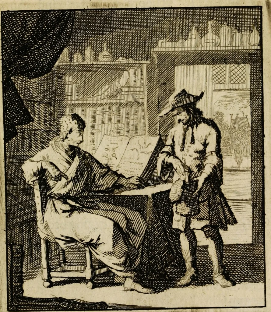 An illustration from Spiegel van het menselyk bedryf: vertoonende honderd verscheiden ambachten, konstig afgebeeld en met godlyke spreuken en stichtelyke verzen verryke, 1730, leaf 193