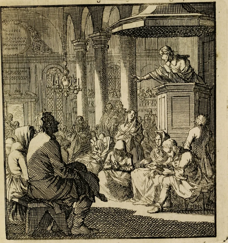 An illustration from Spiegel van het menselyk bedryf: vertoonende honderd verscheiden ambachten, konstig afgebeeld en met godlyke spreuken en stichtelyke verzen verryke, 1730, leaf 195