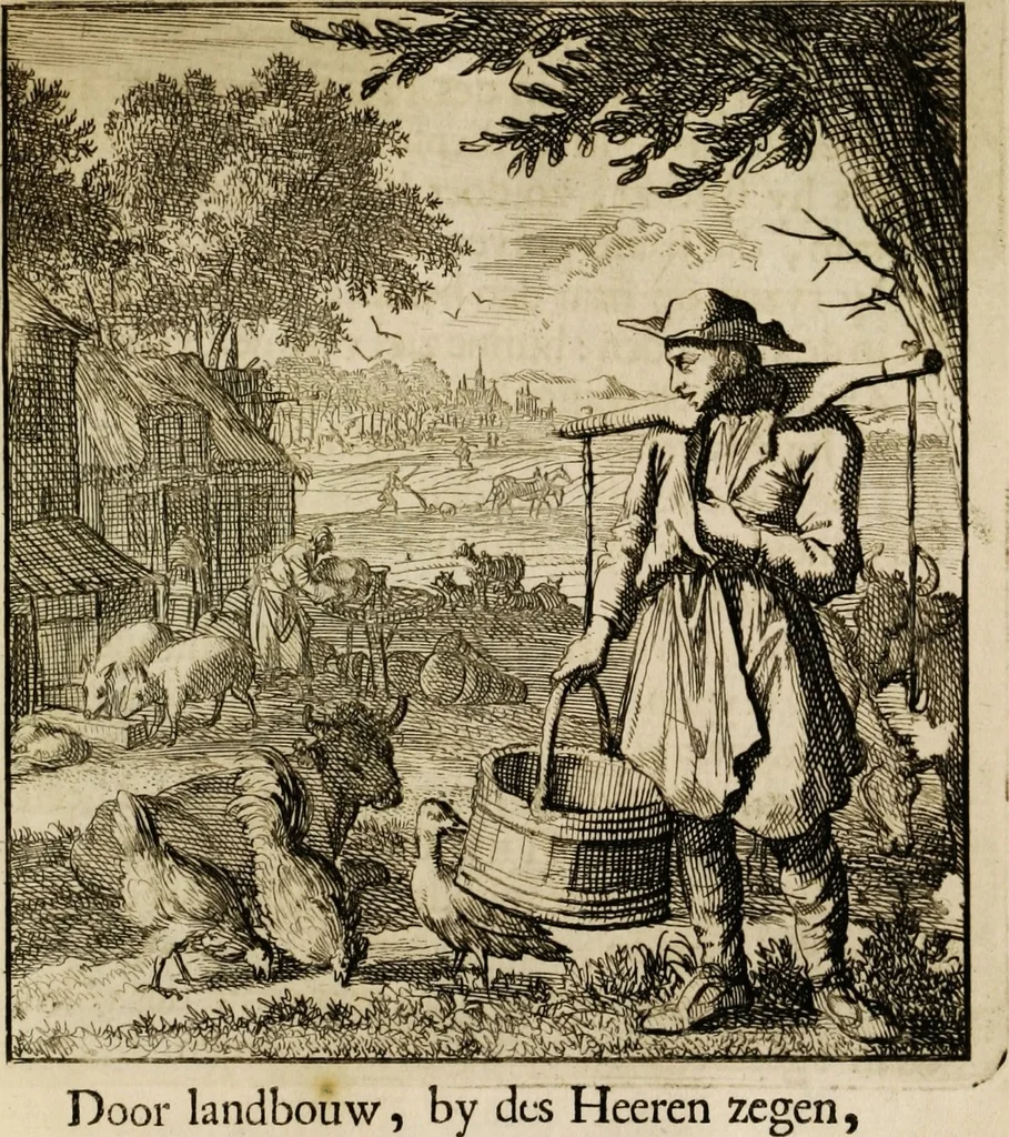 An illustration from Spiegel van het menselyk bedryf: vertoonende honderd verscheiden ambachten, konstig afgebeeld en met godlyke spreuken en stichtelyke verzen verryke, 1730, leaf 197