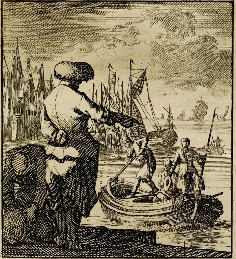 An illustration from Spiegel van het menselyk bedryf: vertoonende honderd verscheiden ambachten, konstig afgebeeld en met godlyke spreuken en stichtelyke verzen verryke, 1730, leaf 199