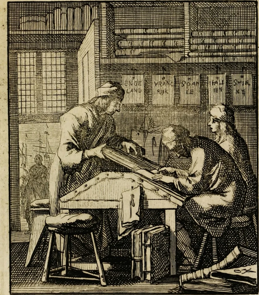 An illustration from Spiegel van het menselyk bedryf: vertoonende honderd verscheiden ambachten, konstig afgebeeld en met godlyke spreuken en stichtelyke verzen verryke, 1730, leaf 205