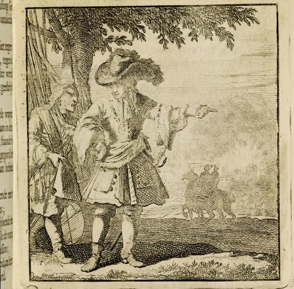 An illustration from Spiegel van het menselyk bedryf: vertoonende honderd verscheiden ambachten, konstig afgebeeld en met godlyke spreuken en stichtelyke verzen verryke, 1730, leaf 207