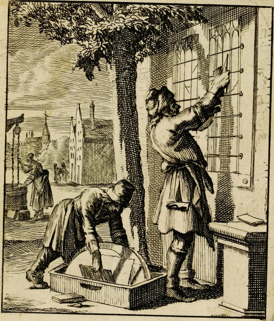 An illustration from Spiegel van het menselyk bedryf: vertoonende honderd verscheiden ambachten, konstig afgebeeld en met godlyke spreuken en stichtelyke verzen verryke, 1730, leaf 21